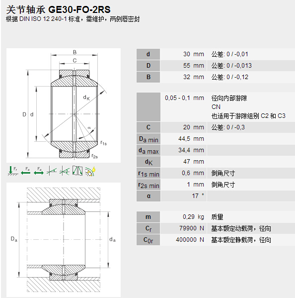 鑫宙國際貿(mào)易(上海)有限公司進口GE30FO-2RS軸承參數(shù)資料